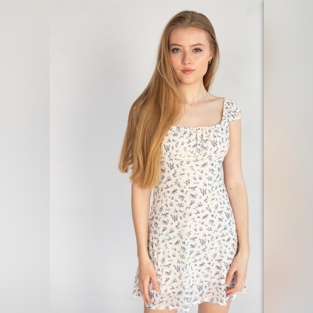 Pink Rose Ditsy Floral Mini Dress Off Shoulder Puff Milkmaid Y2k Cottage Core S